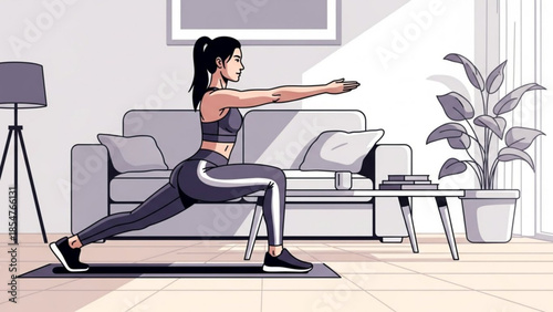 Woman in gray sports bra and leggings doing lunge exercise on yoga mat in a modern living room with couch and coffee table