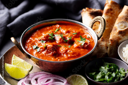 Spicy chicken curry with naan bread, fresh herbs, lime wedges and aromatic spices. Dark background. Close up.