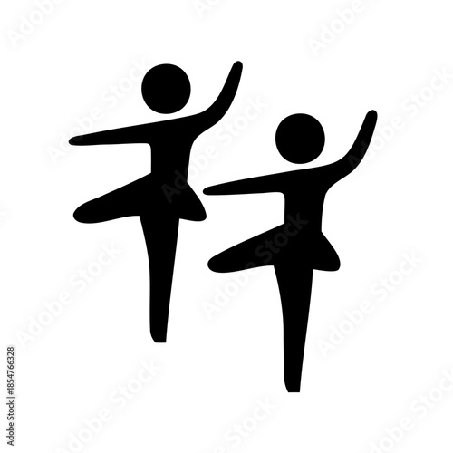Two stylized ballet dancers performing synchronized dance moves in a minimalist design