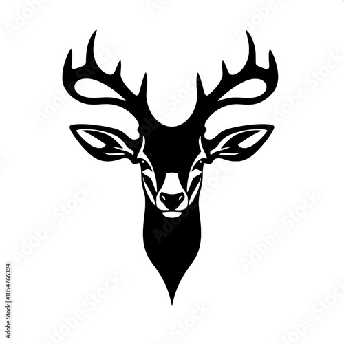 Stylized deer head silhouette in monochrome black on a clean white background, depicted in a frontal view with sharp antlers curving upward in a symmetrical pattern, simplified facial features with a 