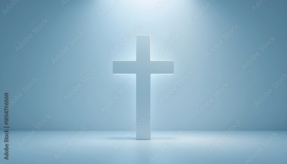 Obraz premium White Cross in Spotlight, Minimalist Blue Room Evoking Solitude and Spiritual Reflection