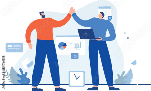 High five at work - Two people in office greeting and giving approval by clapping hands together, smiling and staying positive. Encouragement concept, flat design cartoon vector illustration