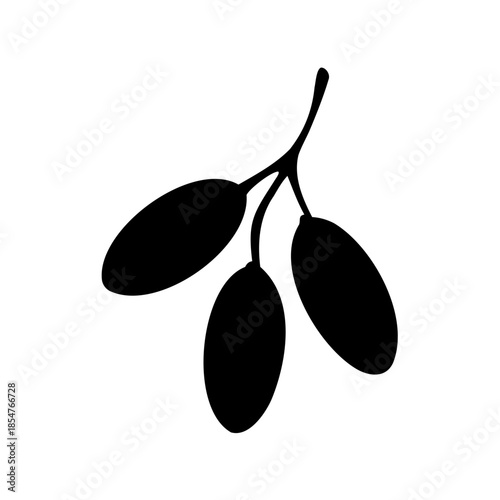 Stylized black olive branch with three olives on a white background