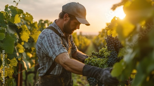 Man harvests grapes in vineyard at sunset
