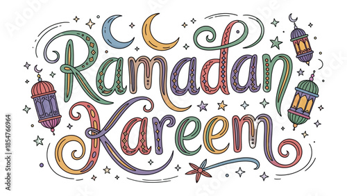 Ramadan Kareem: A vibrantly illustrated greeting, adorned with crescent moons, stars, and lanterns, conveying warm wishes for a blessed and joyous Ramadan celebration.