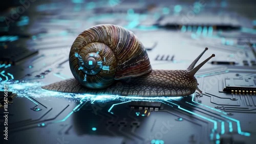 Snail crawling on circuit board, futuristic concept, representing slow tech or data transfer