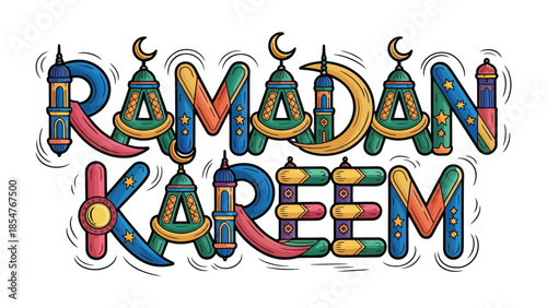 Ramadan Kareem Illustration: A vibrant and colorful illustration of the words Ramadan Kareem with intricate design, evoking a sense of festive celebration and religious significance.