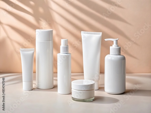 Various white cosmetic containers arranged on a light beige surface, with sunlit palm frond shadows