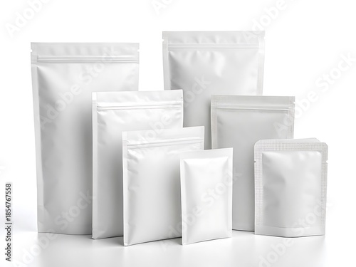 Various white, metallic-finish, zippered pouches