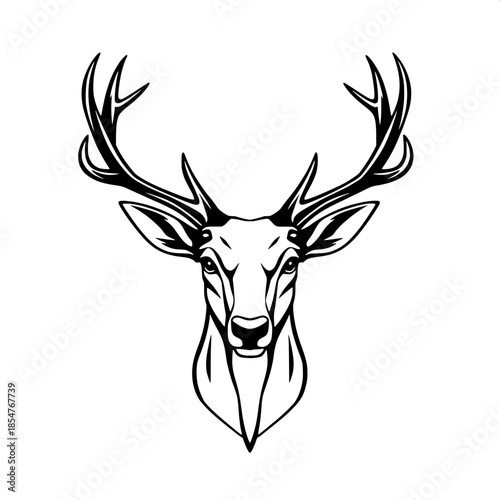 “Minimalist black and white illustration of a deer head, front-facing and centered, bold clean lines, strong symmetrical antlers, high contrast, flat graphic style, logo-like design on pure white back