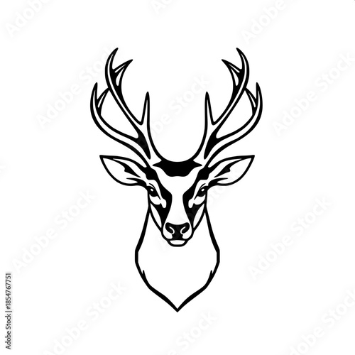 “Minimalist black and white illustration of a deer head, front-facing and centered, bold clean lines, strong symmetrical antlers, high contrast, flat graphic style, logo-like design on pure white back
