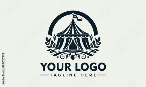 A vector logo design featuring a stylized circus tent with leaves and a circular frame on a light green background, with space for a custom logo and tagline.