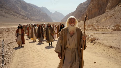 Moses leading the Israelites through the desert during Exodus biblical prophet guiding people across wilderness landscapes, spiritual leadership faith journey ancient history, Old Testament narrative