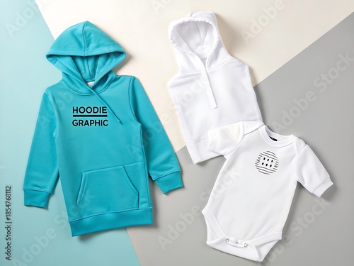 Teal and white hooded sweatshirt and bodysuit, laid flat on a two-toned background