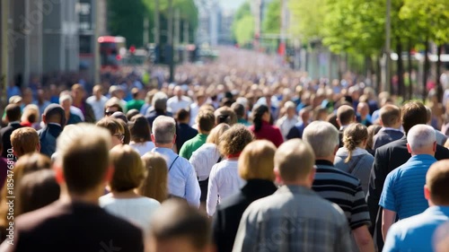 Large urban crowd moving through city street during daytime, symbolizing modern society, daily rush hour, human flow, anonymity, metropolitan rhythm and high population density in public space