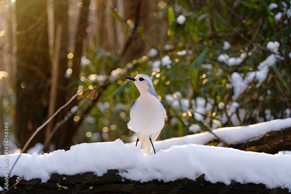 Naklejka premium White bird standing on snowy branch in winter
