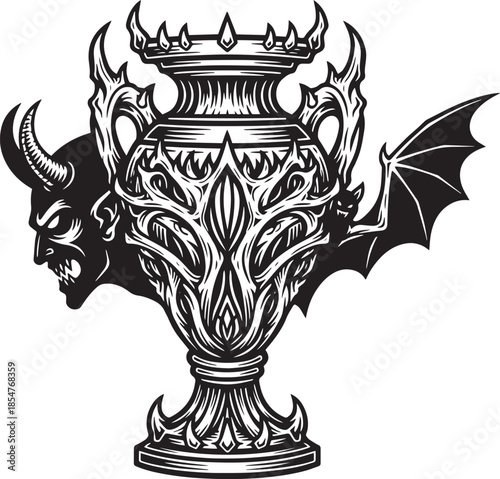An ornate vase featuring demonic figures horns and a bat wing design
