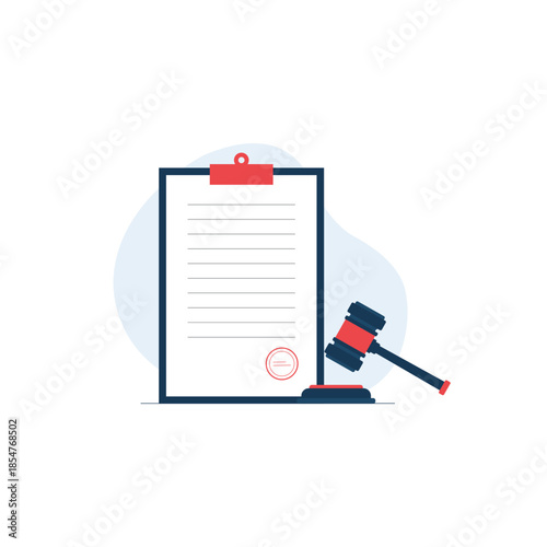 Legal Document on Clipboard with Gavel Vector Illustration. Court Decision Concept Design