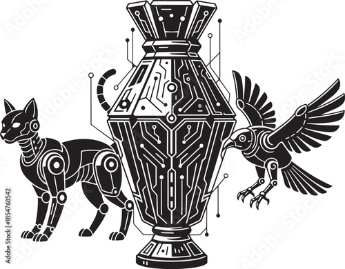 Ancient Egyptian motifs reimagined with futuristic robotic and circuit board elements