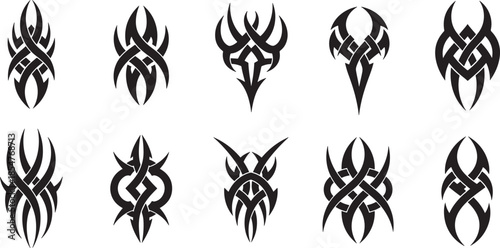 Dynamic collection of abstract tribal decorative elements, featuring various intricate and symmetrical tattoo-style patterns for graphic design projects and cultural art