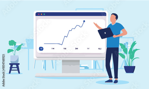 Investor happy with stock price going up - Man with laptop computer looking at rising chart, smiling over success and luck in investing. Flat design vector illustration.
