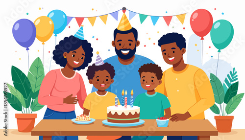 Family Birthday Celebration, Kids and Parents, Home, Illustration, Festive Atmosphere, Front View, Joyful Moments