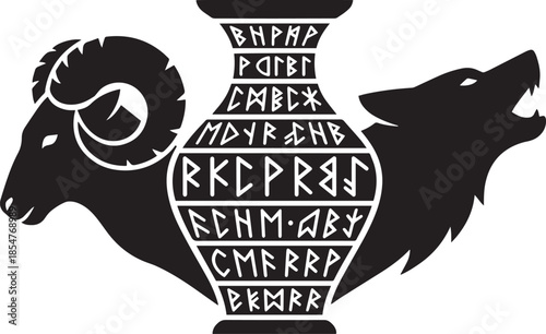 A striking black and white illustration featuring a ram wolf and inscribed vase