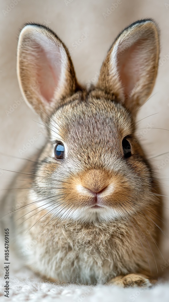 Obraz premium cute fluffy baby bunny portrait, cozy mood, soft daylight, minimal background, vertical