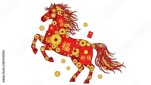 Vibrant red horse with gold coins and chinese characters, symbolizing good fortune