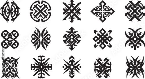 Intricate collection of tribal abstract symbols and ornamental decorative elements, perfect for design projects seeking a bold ethnic and spiritual aesthetic with unique conceptual flair