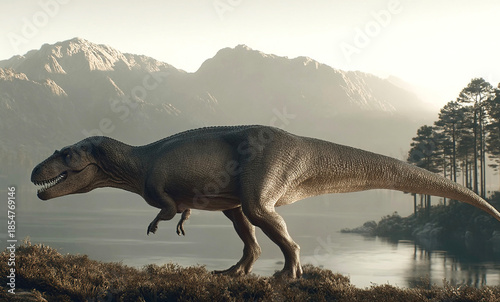 Carcharodontosaurus explores a lush landscape of lakes forests and mountains