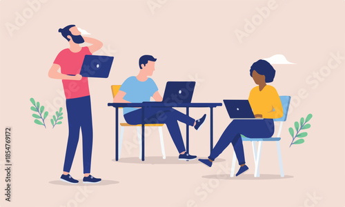 IT and developers working and thinking - Team of three businesspeople with computers concentrating and doing online work. Flat design vector illustration