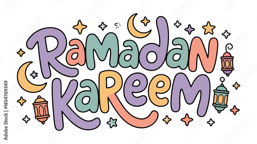 Fototapeta premium Ramadan Kareem Illustration: Colorful illustration with Ramadan Kareem lettering featuring crescent moon, lanterns and stars. Capturing the spirit of this special holy time.