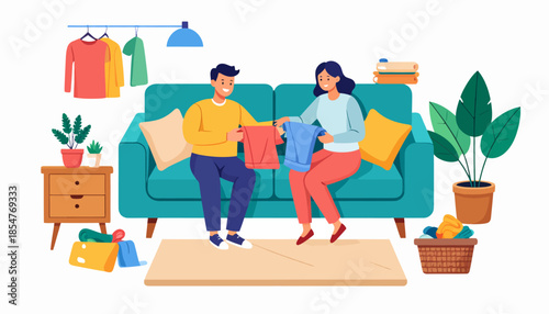 Couple Organizing Clothes at Home in Cozy Living Room Environment