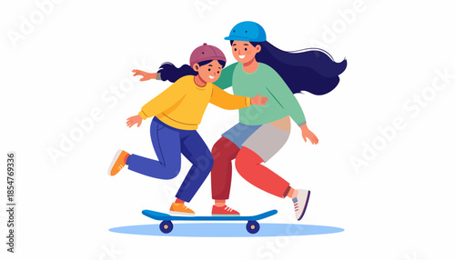 Two Friends Enjoying a Ride Together in a Park Setting, Digital Illustration, Joyful Atmosphere