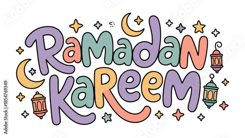 Ramadan Kareem Illustration: Colorful illustration with Ramadan Kareem lettering featuring crescent moon, lanterns and stars. Capturing the spirit of this special holy time.