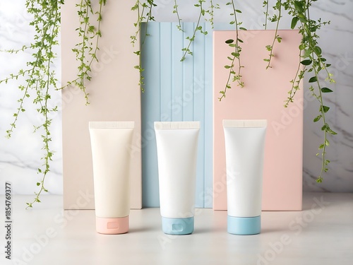 Three tubes of cream or lotion in pastel colors, displayed on a marble surface, against a backdrop of pastel colored panels and hanging vines