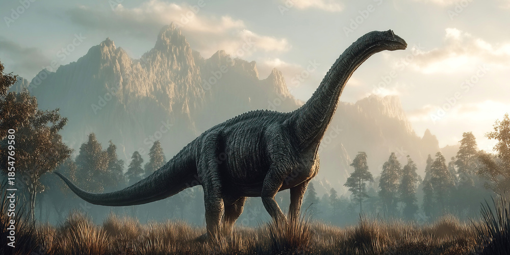 Obraz premium Qantassaurus in a prehistoric landscape with mountains and forests at sunset