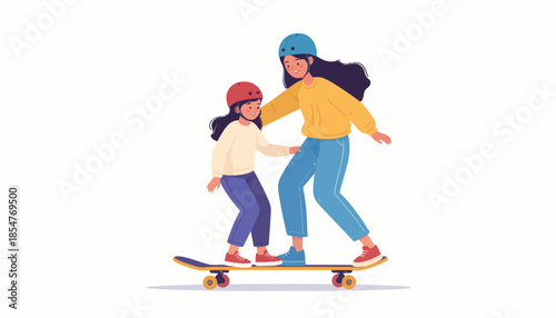 A caring adult guides a young child on a skateboard, both wearing helmets for safety during their outdoor activity, illustrating patience and family bonding