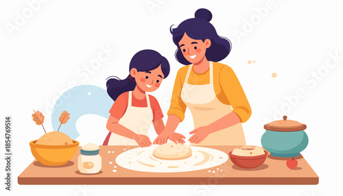 A mother and daughter happily making dough together in the kitchen, enjoying a baking activity