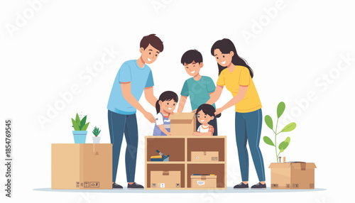 Happy family unpacking moving boxes in their new home, symbolizing a fresh start and the joy of settling in together