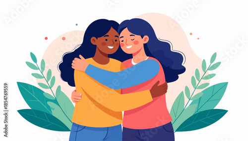 Two diverse friends embracing each other with affection and joy, surrounded by decorative elements representing nature and happiness