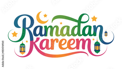 Ramadan Kareem Illustration: A vibrant and colorful design spells out Ramadan Kareem with a crescent moon and star, embodying the spirit of this religious observance.