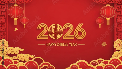 Happy chinese new year 2026 celebration background with lanterns and clouds