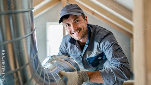 Ductwork technician installing ventilation ducts in attic, residential hvac maintenance, metal air distribution, thermal insulation prep, safety gloves, focused repair, construction interior