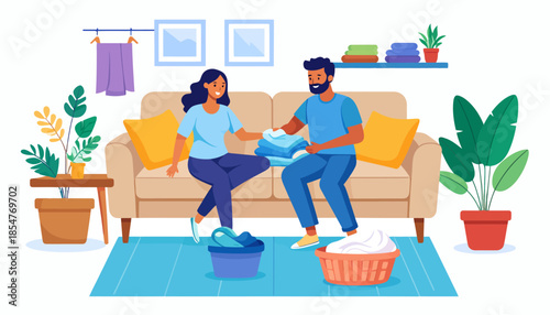 Couple folding laundry together on couch, domestic chores, and household tasks illustration