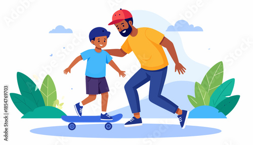 Father teaching his son how to skateboard outdoors, a heartwarming moment of learning and bonding between parent and child enjoying a sunny day together and having fun