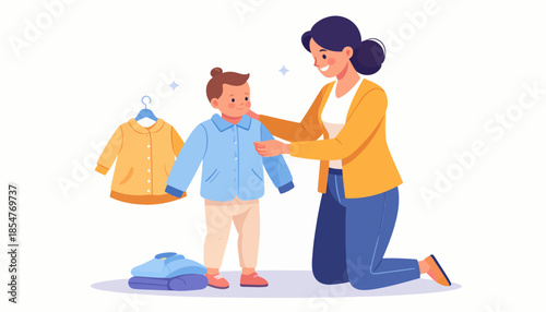 A loving mother helps her young son get dressed in a blue jacket, a heartwarming scene of daily family routine and parental care