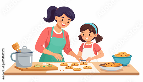 Happy mother and daughter baking cookies together in the kitchen, a wholesome family activity of creating sweet treats from scratch