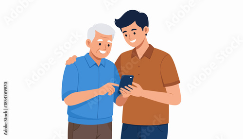 A caring young man patiently teaches his elderly father how to use a smartphone, representing family connection and support
